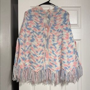 Elegant Pastel Crochet Poncho with Fringe